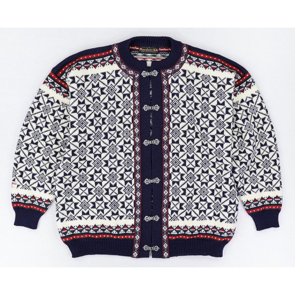 Nordstrikk Norwegian Wool Cardigan Sweater Mens Large Nordic Fair Isle Ski Clasp - Picture 1 of 16